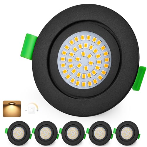 KYOTECH LED Einbaustrahler 230V Dimmbar 60-75mm Ultra Flach LED Spots 5W IP65 Bad Einbauleuchten Deckenspots Warmweiß 2700K Einbauspots für Badezimmer Wohnzimmer, Schwarz 6er Set (Nicht Drehbar) von KYOTECH