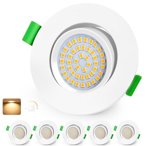 KYOTECH LED Einbaustrahler 230V Dimmbar 68-80mm Ultra Flach LED Spots 5W IP44 Bad Einbauleuchten Deckenspots Warmweiß 2700K 45° Schwenkbar Einbauspots für Badezimmer Wohnzimmer, Weiß 6er Set von KYOTECH