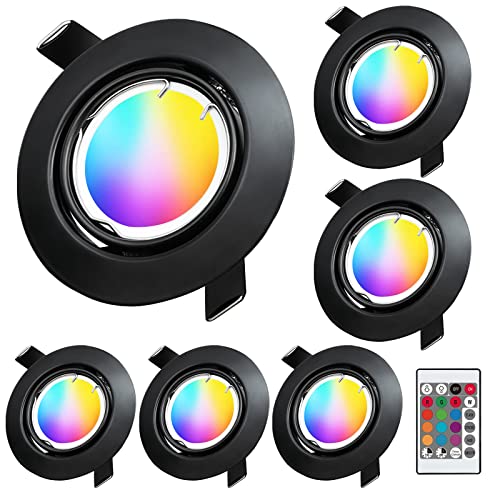 KYOTECH LED Einbaustrahler RGB +Warmweiss 3000K Schwenkbar 230V 5W Einbauleuchten Ultra Flach Lochmass φ68-80mm Schwarz Einbauspot Farbwechsel Dimmbar mit Fernbedienung 400LM Deckenspots 6er Set von KYOTECH