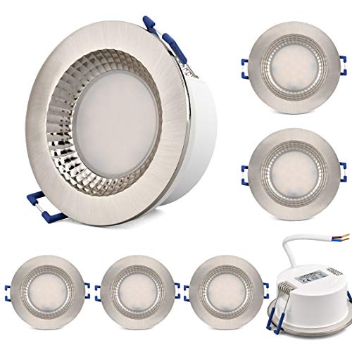 KYOTECH LED Einbaustrahler Ultra Flach IP65 Badeinbaustrahler 6W 230V 500LM Warmweiss 3000K,Feuchtraum Dusche Einbauspot Wasserdicht LED Einbauleuchte Bad Deckenspot Nickel gebürstet 6er Set von KYOTECH