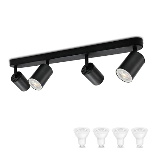 KYOTECH Schwarz 4-flammige Spotlampe 5W LED Deckenleuchte Deckenlampe Schwenkbar und drehbar inkl. Leuchtmittel GU10 3000K Warmweiß Deckenspots für Küche, Schlafzimmer, Wohnzimmer von KYOTECH