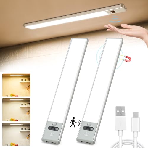 KYOTECH Unterbauleuchte Küche 31CM, 2 Stück LED Schrankbeleuchtung mit Bewegungsmelder LED Leiste 1200 mAh USB Aufladbar Dimmbar 3 Farbmodi Lichtleiste für Küche, Kleiderschrank, Treppe von KYOTECH