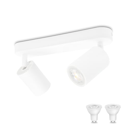 KYOTECH Weiß 2-flammige Spotlampe 5W LED Deckenleuchte Weiss Deckenlampe Schwenkbar und drehbar inkl. Leuchtmittel GU10 3000K Warmweiß Deckenspots für Küche, Schlafzimmer, Wohnzimmer von KYOTECH