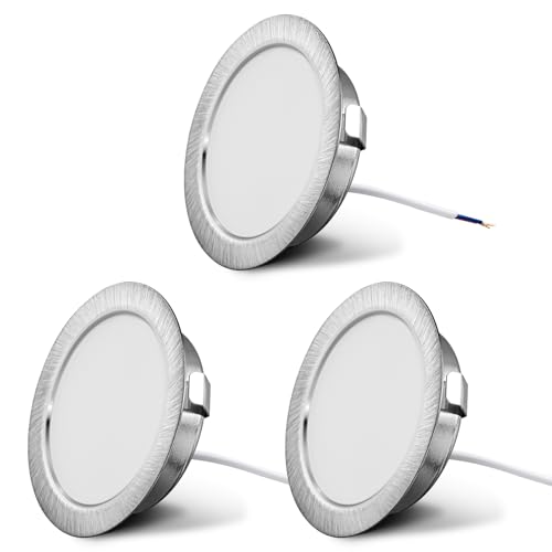 KYOTECH 3er Set LED Möbelleuchte 230V,3.5W LED IP44 G4 15mm Flache Möbel Einbaustrahler in Edelstahl gebürstet Optik,3000K Warmweiß,Küchenhaube Leuchte,Badleuchte Einbauspot von KYOTECH