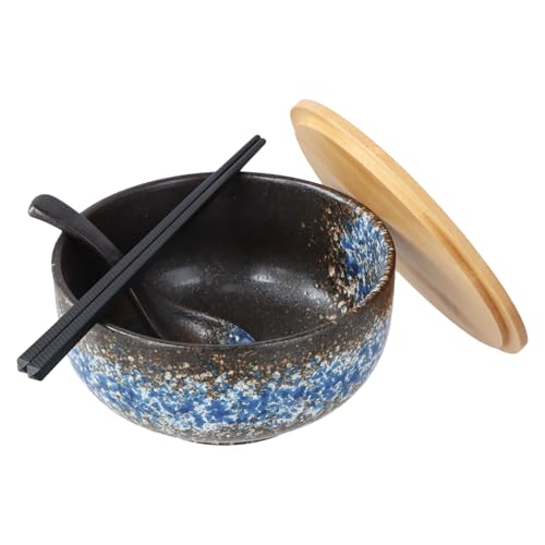 1500ml Ramen Schüssel Keramik Set, Ramen Bowl mit Holzdeckel Essstäbchen Löffel, Suppenschalen Rührschüsseln, Rutschfeste Japanische Schüssel Geschirr, Salatschale, für Ramen Salat Müsli Snack von KYSUN