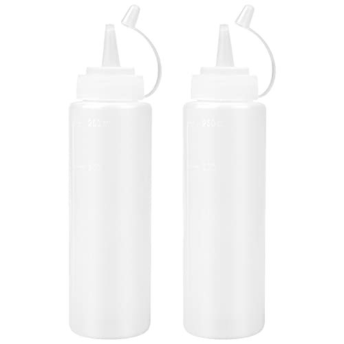 2 Stück Plastik Squeeze Flasche, 8oz Quetschflasche, 250ML Condiment Flaschen für Malen Backen Ketchup Scharfe Soße Olivenöl Saucenflasche mit Auslaufsicher Kappen & Messungen (Transparent) von KYSUN