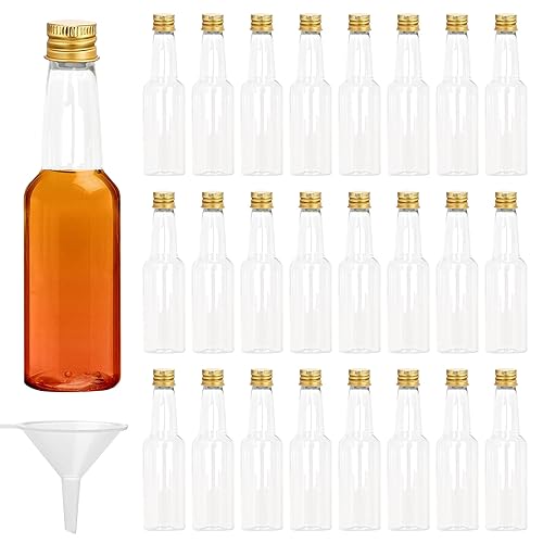 24 Stk Mini Fläschchen, 100ml Fläschchen Plastik, Leere Kleine Schnapsflaschen mit Trichter, Miniaturflaschen mit Deckel, Alkoholflaschen Saucenflaschen für Hochzeiten Partys (Gold Deckel) von KYSUN