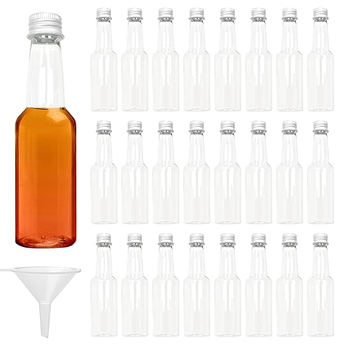24 Stk Mini Fläschchen, 100ml Fläschchen Plastik, Leere Kleine Schnapsflaschen mit Trichter, Miniaturflaschen mit Deckel, Alkoholflaschen Saucenflaschen für Hochzeiten Partys (Silber Deckel) von KYSUN