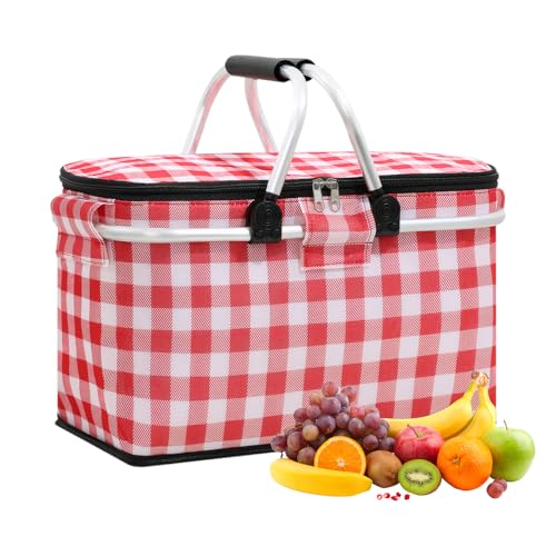 Faltbare Picknickkörbe, 20 L Große Kapazität Zusammenklappbare Kühltasche Isoliertasche Einkaufskörbe Frischtasche, Kühltasche EinkaufsköRbe Picknickkorb, für Büro Camping Picknick (Rot-weiß) von KYSUN