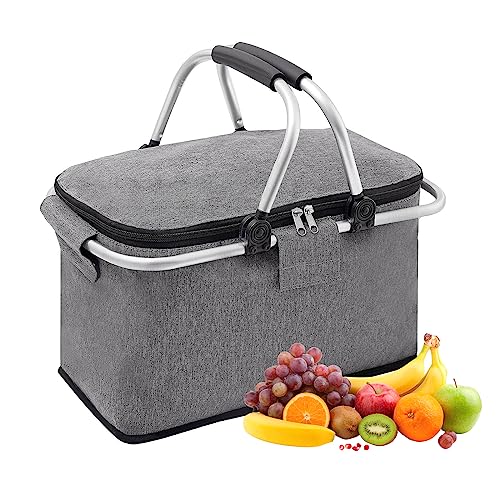 Faltbare Picknickkörbe, 20 L Große Kapazität Zusammenklappbare Kühltasche Isoliertasche Einkaufskörbe Frischtasche, Kühltasche EinkaufsköRbe Picknickkorb, für Büro Camping Picknick (Grau) von KYSUN