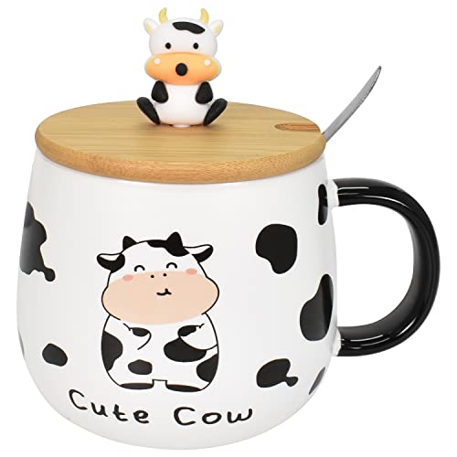 Kuh Tasse Kaffeetasse Kuh Becher 480 ml, mit Deckel, Edelstahl Löffel, Keramik Kaffeetasse, Cute Groß Tee Kaffee Becher Tassen Süße Geburtstagsgeschenk für Freund von KYSUN