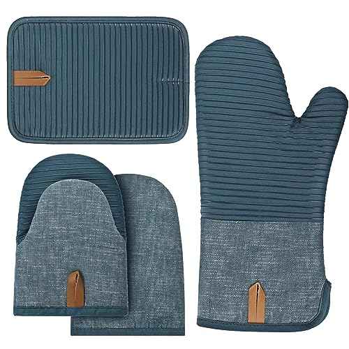 Ofenhandschuhe, 4er Set Topflappen & Ofenhandschuhe, Hitzebeständige Kochhandschuhe Topfhandschuhe und Topflappen Set, Silikon Anti-Rutsch, Geeignet für Kochen Backen Grillen BBQ (Blau) von KYSUN