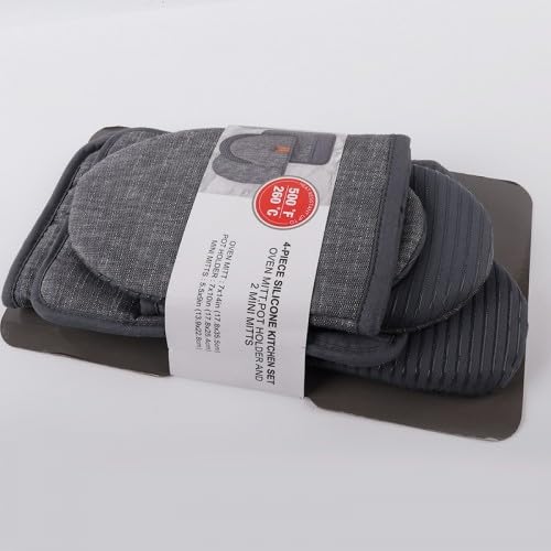 Ofenhandschuhe, 4er Set Topflappen & Ofenhandschuhe, Hitzebeständige Kochhandschuhe Topfhandschuhe und Topflappen Set, Silikon Anti-Rutsch, Geeignet für Kochen Backen Grillen BBQ (Grau) von KYSUN