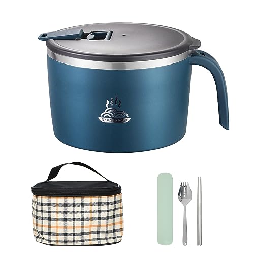 Ramen Schüssel Set, Rostfreier Stahl Ramen Bowl Schüssel, Japanische Suppenschüssel mit Griff, Salatschüssel mit Deckel, 1200ML Schüssel Instant Nudelschale Kornflakesschüssel (Blau) von KYSUN