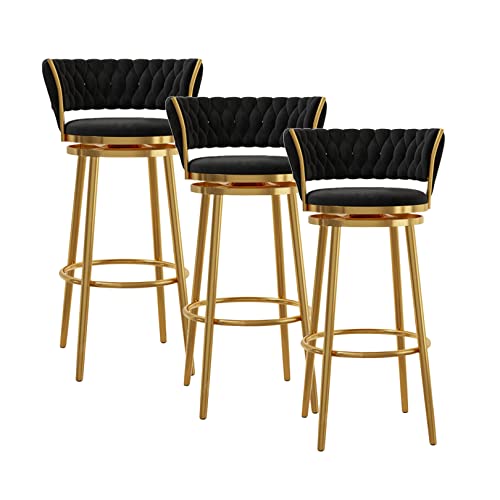 Moderne blaue gepolsterte Barhocker mit Thekenhöhe, 2er-Set, 75 cm, mit 360°-Drehgelenk aus goldfarbenem Metall, Chrom-Basis, stilvolle Barstühle für Küche und Esszimmer, Schwarz, 3 Stück, 75 cm von KYTGFH