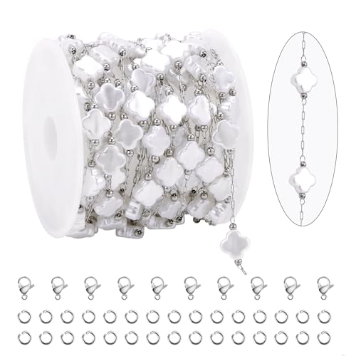 KYUNHOO Silberfarbene Edelstahl-Ketten zur Schmuckherstellung, 4 Blätter, Kleeblattform, Kunstperlenkette, Rolle mit Schmuckverschlüssen, für Handarbeit, DIY KYUNHOO Silberfarbene Edelstahl-Ketten zur Schmuckherstellung, 4 Blätter, Kleeblattform, Kunstperlenkette, Rolle mit Schmuckverschlüssen, für Handarbeit, DIY von KYUNHOO