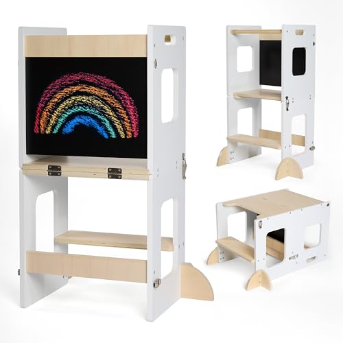 KYWAI® Lernturm ab 1 Jahr – Lernturm Klappbar 3 in 1 mit Tafel – Learning Tower für Kinder – Faltbar mit Sicherheitsfüßen – Aus Nachhaltigem Holz – Stabiler Montessori-Hocker für Zuhause von KYWAI