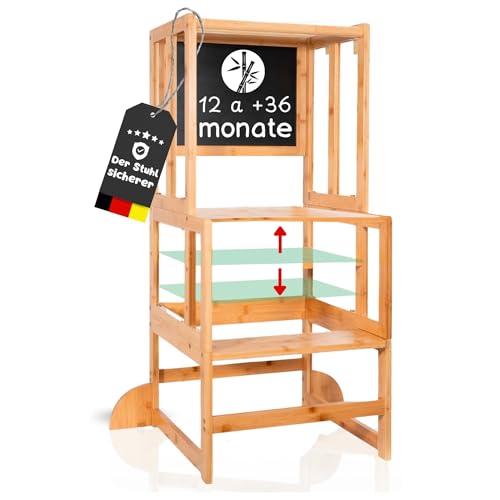 Kywai Montessori Lernturm ab 1 Jahr – Lernturm klappbar aus Bambus, 3 in 1 Learning Tower mit Tafel, höhenverstellbar, stabil & sicher, auch als Tritthocker nutzbar, patentiertes Design von KYWAI