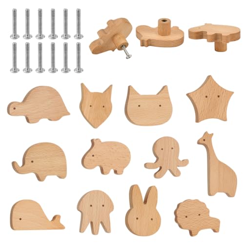 KYYGKY 12Pcs Schrankknöpfe Holz Kinderzimmer mit Schrauben Möbelknöpfe Kinder Tiere Schubladenknopf Schubladengriffe Kinderzimmer Holzknöpfe Tierform Schrank Holzgriffe für Schrank Türknöpfe von KYYGKY