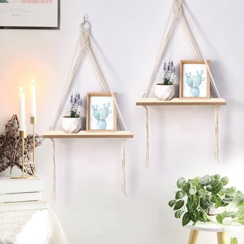 KYYGKY 2er-Set Boho Regal Treibholz Deko Boho Wandregal Holz Hängeregal Baumwollseil Handgewebte Schweberegal Holzseilregale Wand Boho Deko Wandregal Boho Style für Wohnzimmer Schlafzimmer Badezimmer von KYYGKY