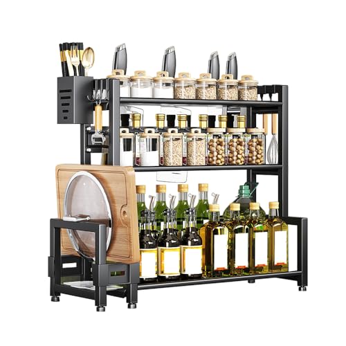 KYYGKY 3 Etagen Küchenregal Arbeitsplatte Gewürzregal Stehend Schwarz mit 6 Haken Küchen Gewürzregal Gewürz Organizer Regal stehende Gewürzhalter Organizer Regal Küche Arbeitsplatte für Küchen von KYYGKY