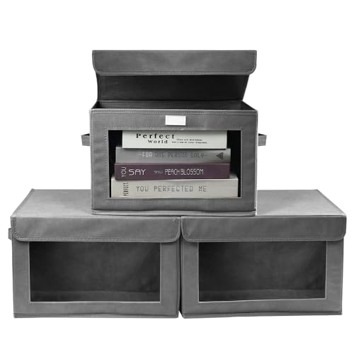 KYYGKY 3 Stück Aufbewahrungsbox mit Deckel Griffen Grau Stoffboxen mit Transparentem Fenster Stoff Kleiderschrank Organizer Faltbare Aufbewahrungsbox Ordnungsboxen Stoff für Kleidung Kleinigkeiten von KYYGKY
