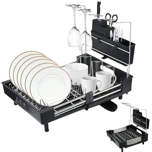 KYYGKY Abtropfgestell Geschirr Abtropfständer Geschirrabtropfgestell Schwarz Erweiterbares Geschirrgestell Abtropfgestell Ausziehbar Geschirr Trockengestell Dish Drying Rack Geschirrablage für Küche von KYYGKY