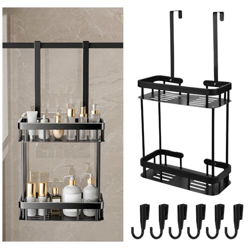 KYYGKY Duschablage zum Hängen Duschkorb Schwarz Duschregal Dusche Halterung Ohne Bohren Shower Shelf mit 6 Haken Shampoo Duschgel Halterung für Rahmenlos Glastür(61x30x13.5cm) von KYYGKY