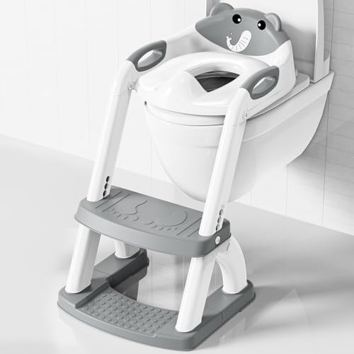 Toilettensitz Kinder mit Treppe, Höhenverstellbar Faltbarer 2-in-1 Toilettensitz Kinder mit Gepolstertem Sitz, Spritz- und Stabilen Rutschfester Tritt, Toilettenaufsatz für Kinder ab 1-7 jahre von KYYOKE