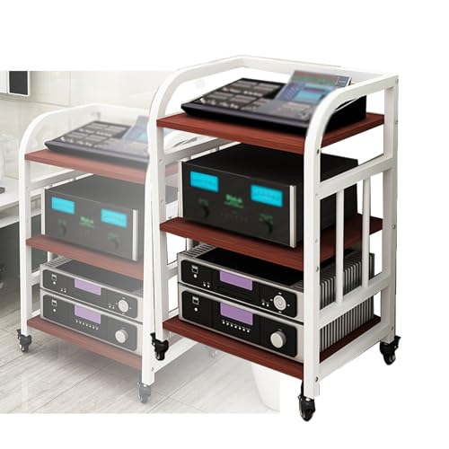3-stufiger AV-Medienständer mit Rädern, mobiler Rack-Audioturm mit höhenverstellbaren Regalen, for den Wohn-Gaming-Aufnahmeraum von KZKZK