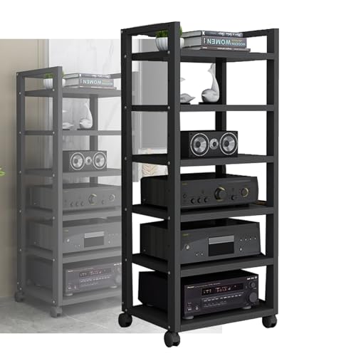6-stufiger Audio-Rack-Tower, höhenverstellbar mit Rollen, Stereo-Audio-Rack-Ständer, Audio-Rack-Tower for Heimbüro-Theater(Black) von KZKZK