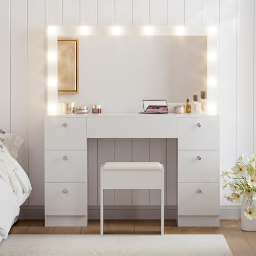 KZNGK Große Schminktisch mit Verstellbaren LED Beleuchtung und Spiegel, Kosmetiktisch mit 7 Schubladen und Hocker, Modernes Frisiertisch Makeup Tisch für das Schlafzimmer, Weiß von KZNGK