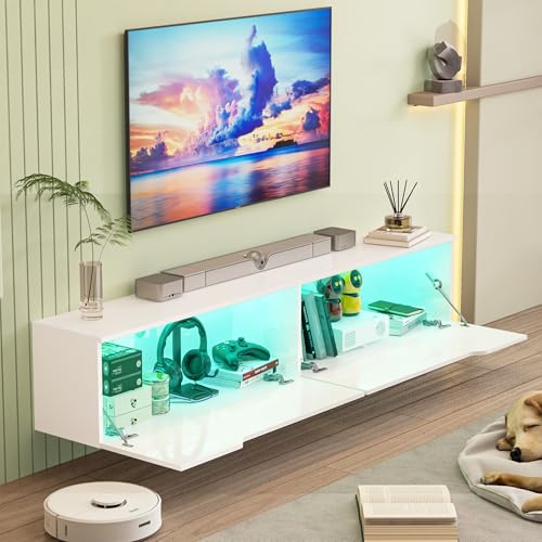 KZNGK Hängender TV-Schrank mit LED-Leuchten, TV-Ständer TV-Konsole Unterhaltungszentrum mit 2 Aufbewahrungsschränken für das Wohnzimmer, 16 Farben können eingestellt Werden, 175 x 32 x 30cm (Weiß) von KZNGK