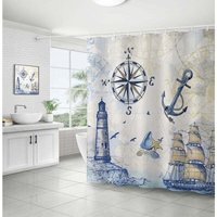 KZQ - Nautischer Duschvorhang, Leuchtturm, Segelboot, Kompass, Anker, 180 x 180 cm, Badevorhang, Polyestergewebe, schimmelfest, wasserdicht, KZQ - Nautischer Duschvorhang, Leuchtturm, Segelboot, Kompass, Anker, 180 x 180 cm, Badevorhang, Polyestergewebe, schimmelfest, wasserdicht, von KZQ