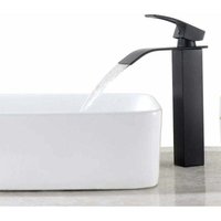 Schwarzer Wasserfall-Waschtischhahn, hoher Waschtisch-Mischhahn für Badezimmer, großer quadratischer Messingauslaufhahn, heißes und kaltes Wasser Schwarzer Wasserfall-Waschtischhahn, hoher Waschtisch-Mischhahn für Badezimmer, großer quadratischer Messingauslaufhahn, heißes und kaltes Wasser von KZQ