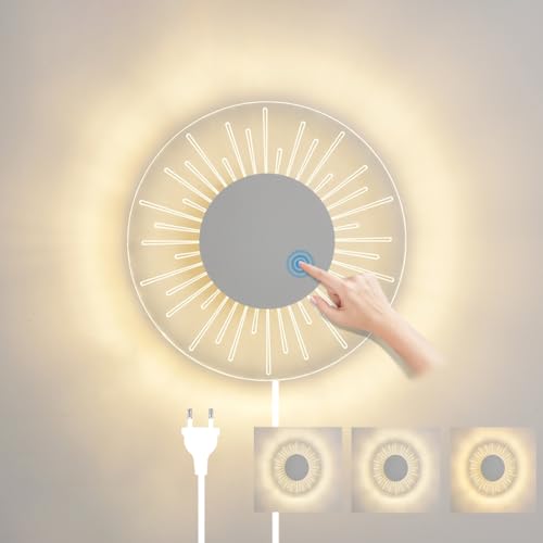 12W LED Innen Wandleuchte Mit Stecker Touch Control Wandlampe Dimmbar Schlafzimmer Nachttischlampe Modern Rund Leselicht Acryl Wandbeleuchtung Für Wohnzimmer Bad Treppen Flur Büro Küche Lampe (Silber) von KZT