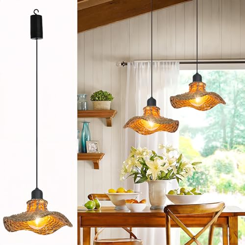 2 Stück Vintage Pendelleuchte Rattan Hängelampe mit Batterie Boho Deckenlampe Rustikal Retro Hängeleuchte E27 Esszimmerlampe Deckenleuchte für Innen Außen Garten Balkon Camping Flur Dekorative Lampe von KZT