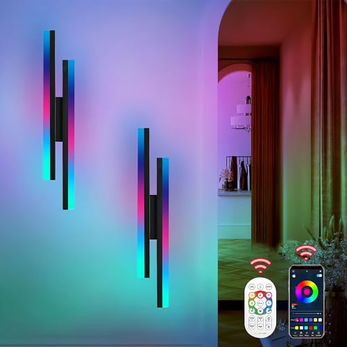 2 Stücke RGB Wandleuchte LED Dimmbar Wandlampe Innen mit Fernbedienung und APP 16W Moderne Wandbeleuchtung 48cm Smart NachtLicht Stimmungslicht für Schlafzimmer Wohnzimmer Party Gaming-Lichter Deko von KZT