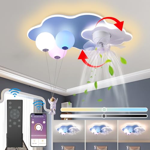 KZT LED Kinderzimmer Deckenlampe Lampe Mit Ventilator Leise Deckenventilator Mit Licht und Fernbedienung APP Dimmbare Kreativer Astronaut Deckenleuchte für Jungen Mädchen Zimmer Fan Lampe, 45W von KZT