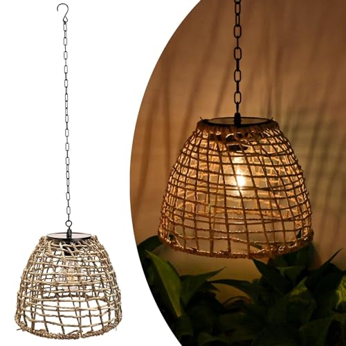 Außen Hängelampe Solar Laterne IP44 Wasserdicht Garten Solarlampe Boho Rattan Lampenschirm Pendelleuchte Hängeleuchte mit LED Glühbirne Gartenleuchten für Patio Terrasse Balkon Hof Pavillon Deko von KZT