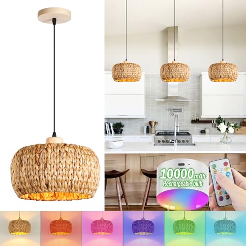Boho Rattan E27 Pendelleuchte mit Batterie Indoor Vintage Bambus Hängeleuchte Dimmbar mit Fernbedienung Hängelampe Mit RGB wiederaufladbaren Glühbirnen für Esszimmer, Keine Verkabelung erforderlich von KZT
