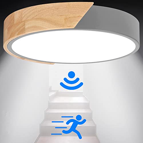 Deckenlampe Holz mit Bewegungsmelder LED Innen Deckenleuchte mit Einstellbar Bewegungssensor Sensorleuchten 24W Kaltweiss 6500K Rund Deckenbeleuchtung für Treppen Balkon Küche Wohnzimmer Hotel, Grau von KZT