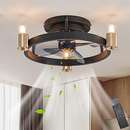 Deckenventilator mit Lampe und Fernbedienung E27 Industrial Ventilator Deckenlampe Leise Fan Deckenleuchte 6 Gang Reversibl Lüfter Licht für Schlafzimmer Wohnzimmer Esszimmer Küche Hotel Deckenlampe von KZT