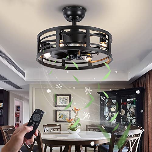 Deckenventilatoren mit Lampe und Fernbedienung Retro Industrial Pendelleuchte mit Lüfter und Timer Leise Fan Deckenleuchte Metall Käfig Ventilator Deckenlampe für Schlafzimmer Wohnzimmer Esszimmer E14 von KZT