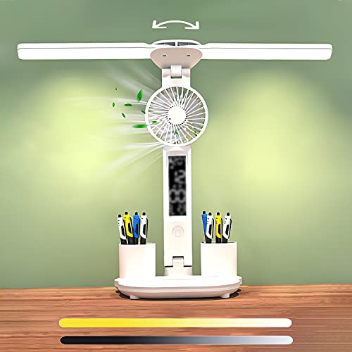 Doppelkopf Schreibtischlampe mit Ventilator LED Tischlampe Touch Dimmbare Weiß Tischleuchte USB Aufladung Bürolampe LCD Display Kalender Temperatur Uhrzeit Desk Lamp für Kinde Studieren Lesen Büro von KZT