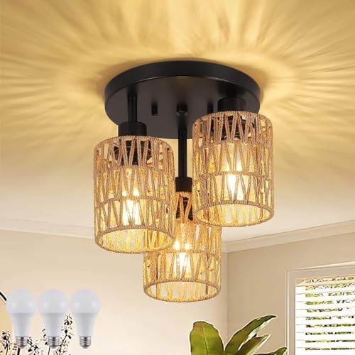 E27 Rattan Deckenlampe Vintage Deckenleuchte mit 3 Flammig Hängeleuchte mit Gewebtem Lampenschirm Boho Hängelampe Rustikal Pendelleuchten für Wohnzimmer Schalfzimmer Küche Balkon Flur von KZT