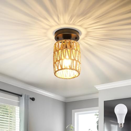 E27 Retro Deckenleuchte Rattan Deckenlampe mit Gewebtem Lampenschirm Industrielle Deckenleuchten Boho Pendelleuchten Rustikal Käfig Deckenlampen für Wohnzimmer Schalfzimmer Küche Balkon Flur von KZT