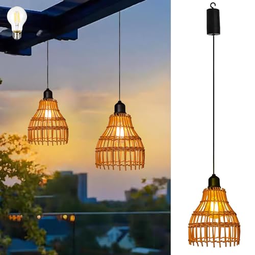 KZT Akku Pendelleuchte Boho Rattan Hängelampe Außen Innen E27 Vintage Hängeleuchte mit Batterie IP44 Deckenleuchte ohne Strom Stromanschluss Outdoor Beleuchtung für Garten Esszimmer von KZT