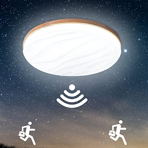 Holz Rund LED Deckenlampe mit Bewegungsmelder Innen Deckenleuchte mit Tageslichtsensor 18W Modern Acryl Deckenbeleuchtung 6000K für Flur Küche Büro Eingang Treppen Haustür Hotel Sensorleuchten,27CM von KZT
