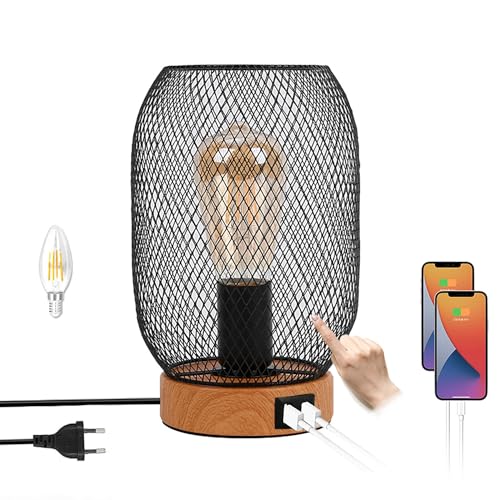 Holz Tischlampe mit Stecker und Schalter Retro E27 Tischleuchte Touch Dimmbar Nachttischlampe mit 2 USB Anschlüssen Industrial Tischbeleuchtung für Schreibtisch Wohnzimmer Kinderzimmer Büro Nachtlicht von KZT